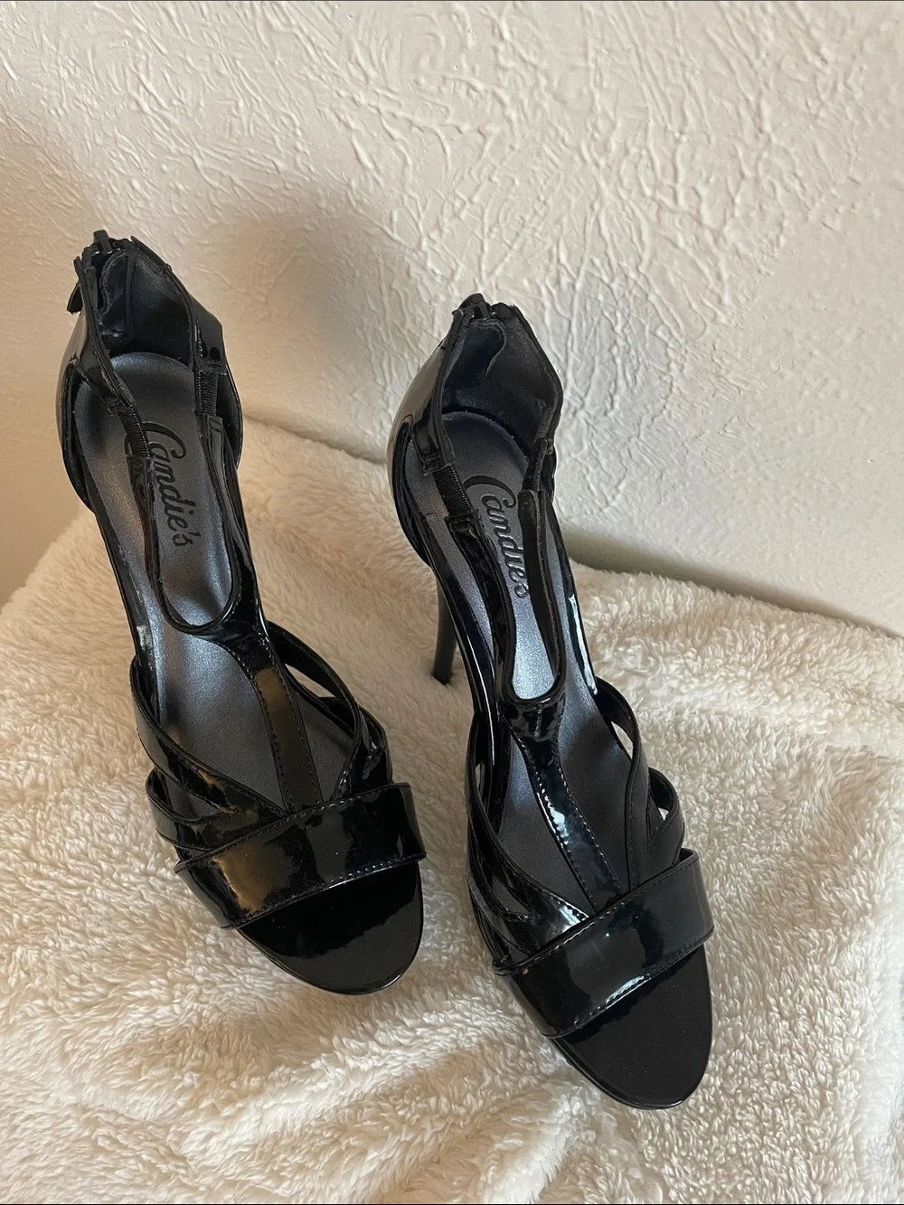 Candies Black Patent T-Strap Platform Heels - Women
